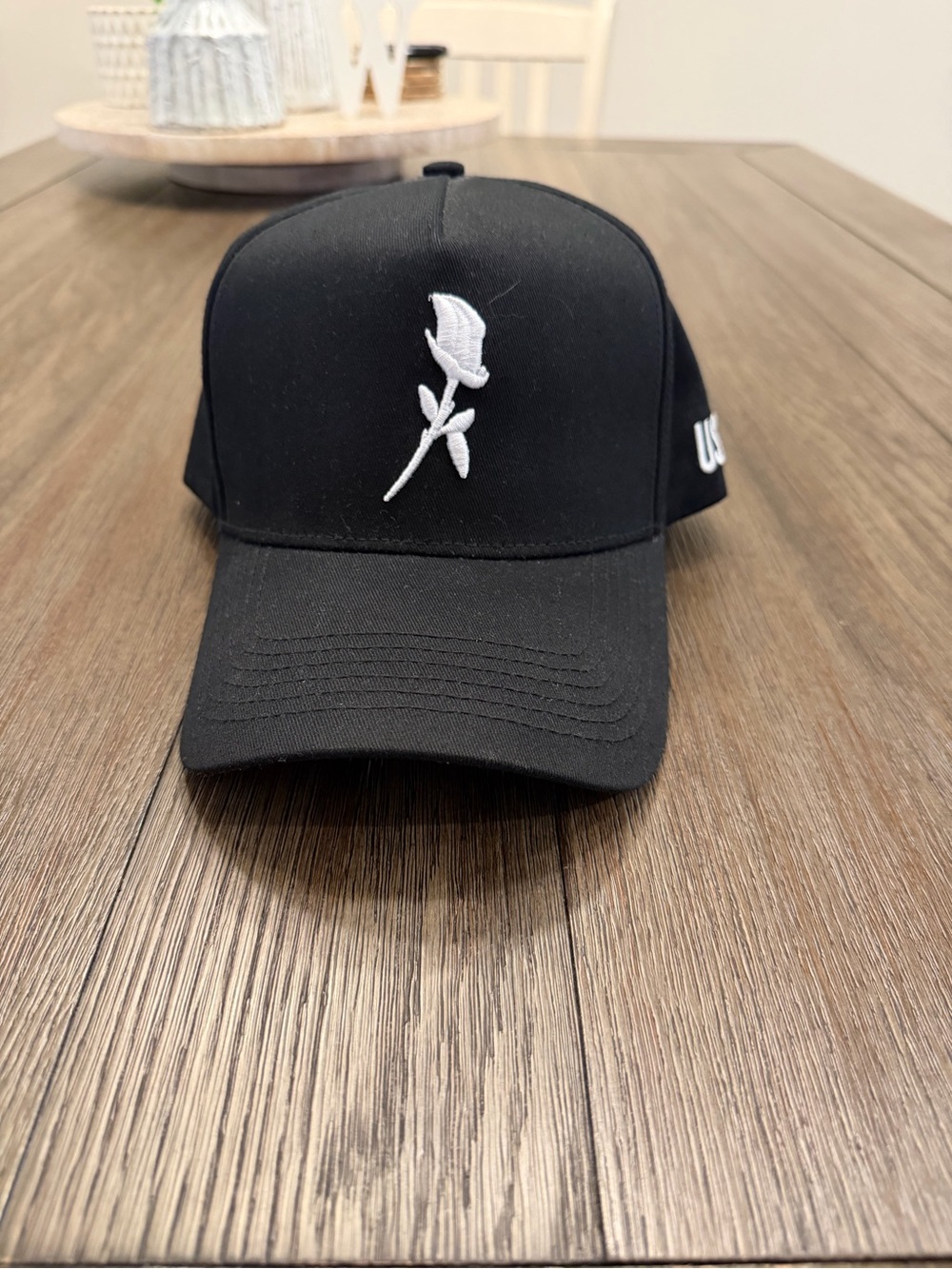 Black Baseball Cap with White Rose Embroidery - Women's Hat
